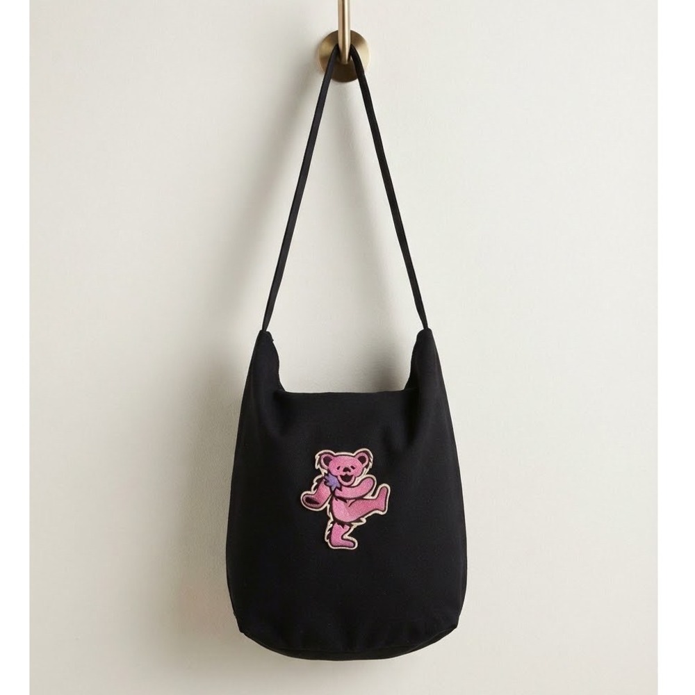 Grateful Dead Dancing Bear Black Canvas Hobo Shoulder Bag Pink Embroidery